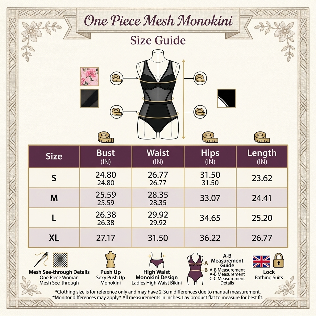 Women's Mesh One Piece Swimsuit, Sheer Monokini Swimwear, Push Up Bathing Suit, High Waist Beachwear, Sexy Vacation Swimsuit Size Guide