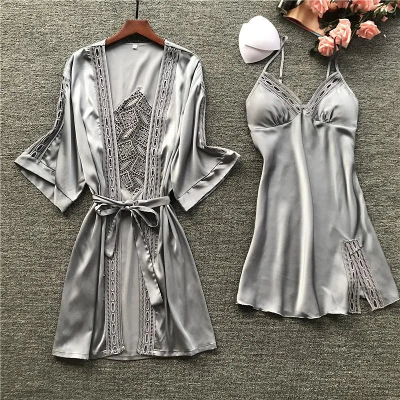 Pink Satin Lace 2 Piece Nightgown & Robe Set, Sexy Sleepwear