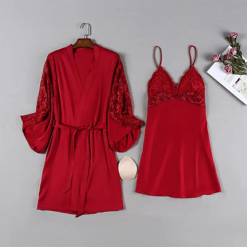 Pink Satin Lace 2 Piece Nightgown & Robe Set, Sexy Sleepwear