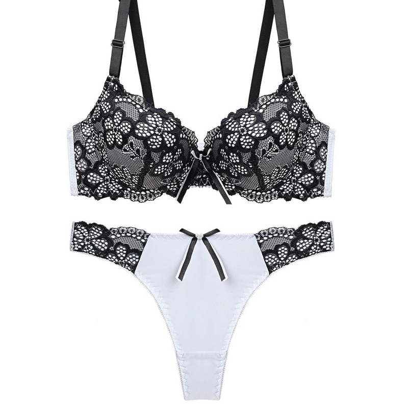 Women's Floral Lace Lingerie Set, Embroidered Push Up Bra & Thong Set