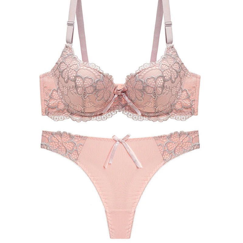 Women's Floral Lace Lingerie Set, Embroidered Push Up Bra & Thong Set