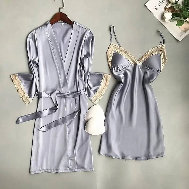 Pink Satin Lace 2 Piece Nightgown & Robe Set, Sexy Sleepwear