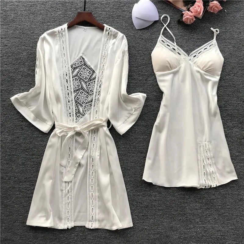 Pink Satin Lace 2 Piece Nightgown & Robe Set, Sexy Sleepwear