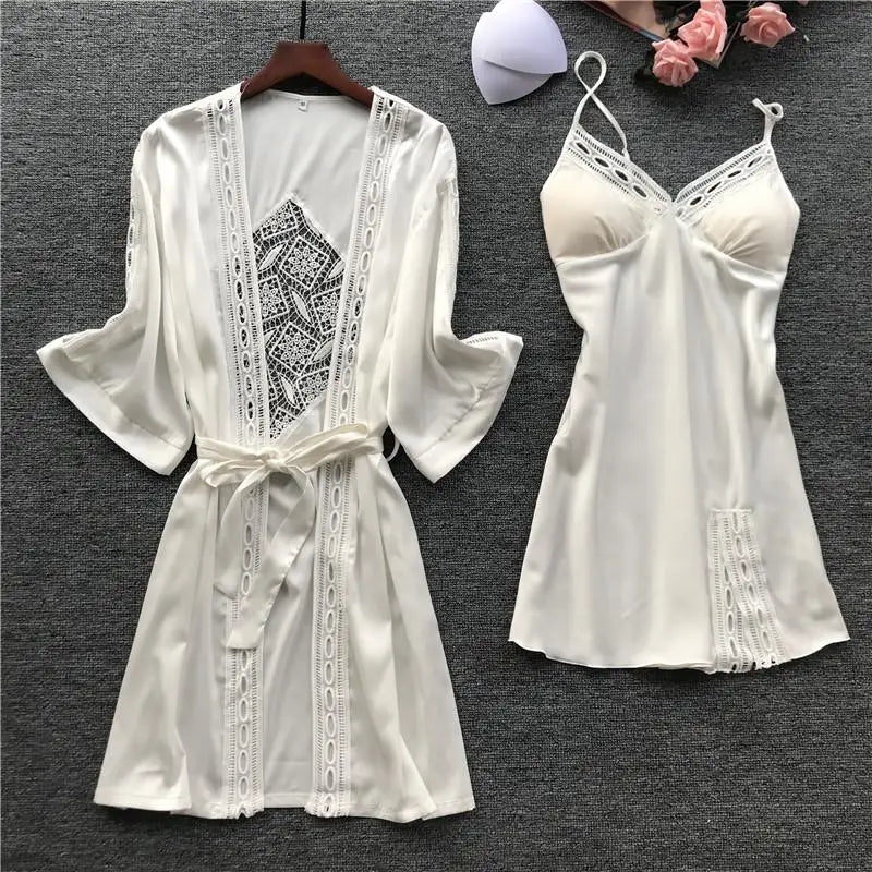 Pink Satin Lace 2 Piece Nightgown & Robe Set, Sexy Sleepwear