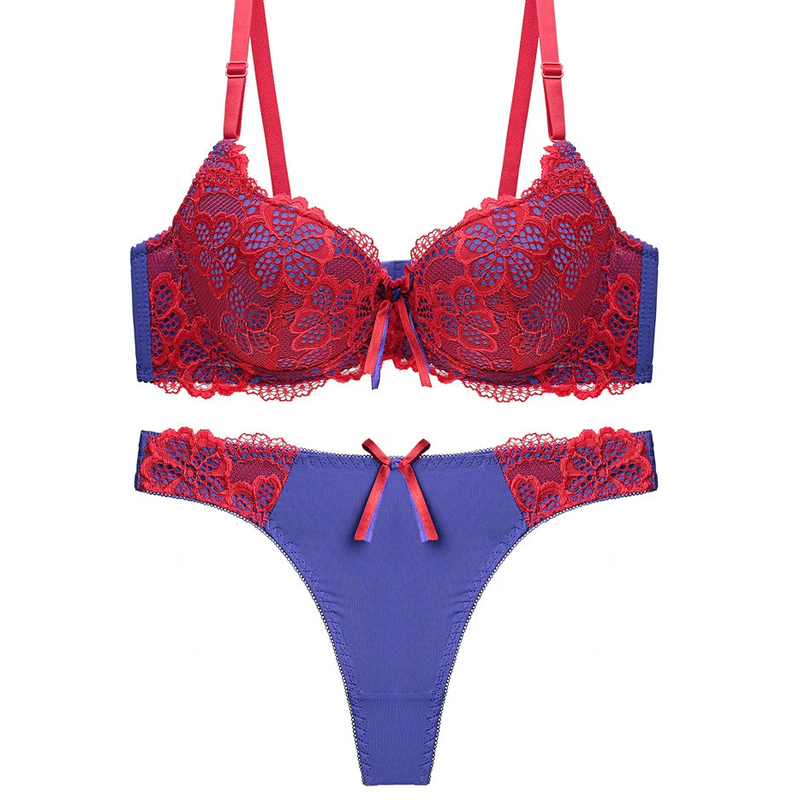 Women's Floral Lace Lingerie Set, Embroidered Push Up Bra & Thong Set