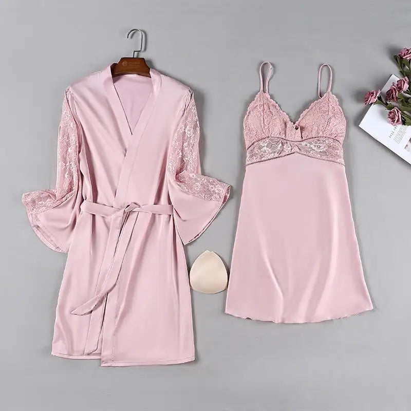 Pink Satin Lace 2 Piece Nightgown & Robe Set, Sexy Sleepwear