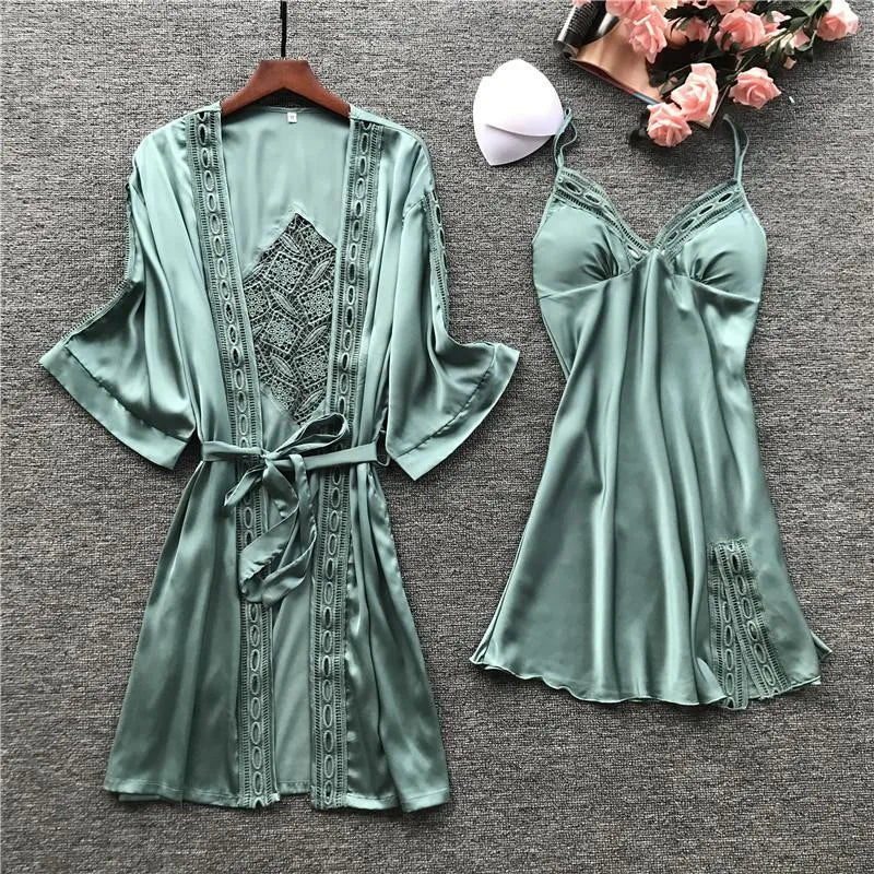 Pink Satin Lace 2 Piece Nightgown & Robe Set, Sexy Sleepwear