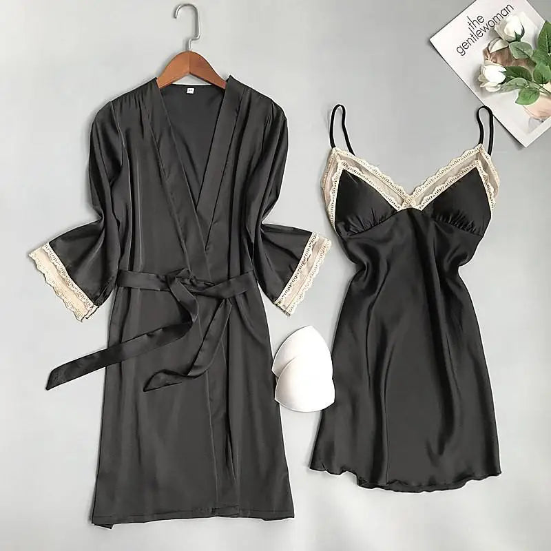 Pink Satin Lace 2 Piece Nightgown & Robe Set, Sexy Sleepwear