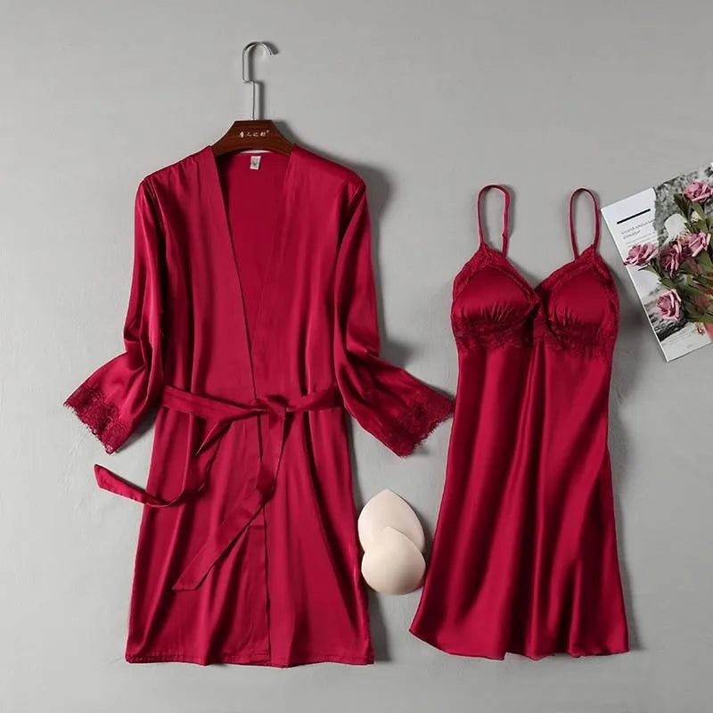 Pink Satin Lace 2 Piece Nightgown & Robe Set, Sexy Sleepwear
