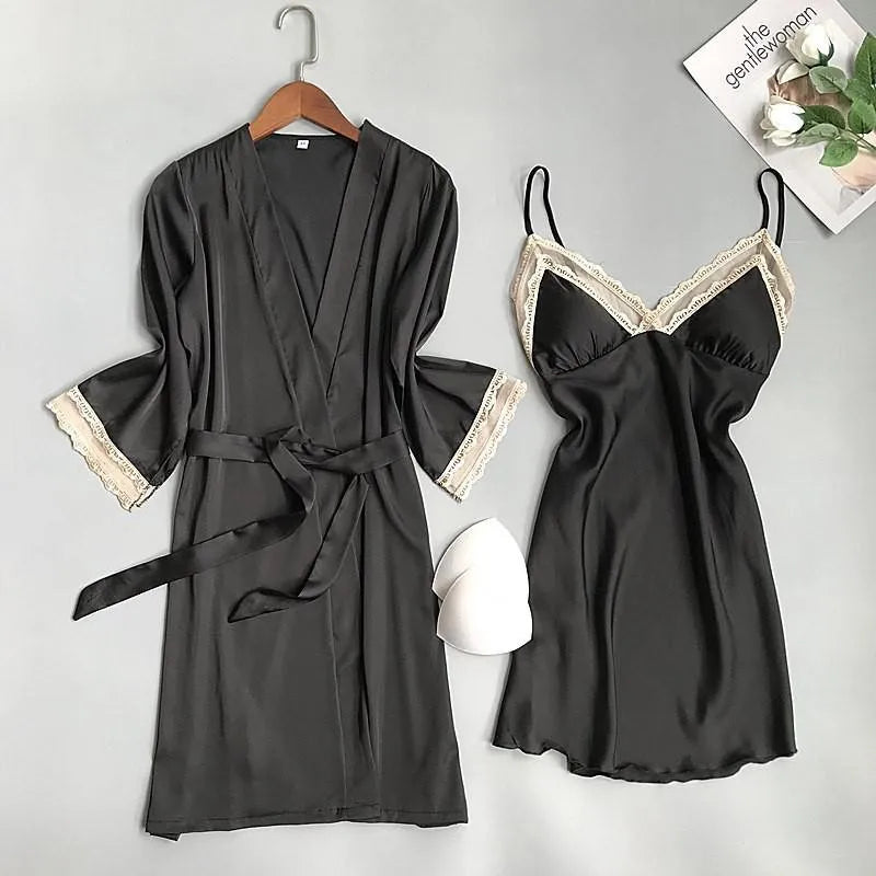 Pink Satin Lace 2 Piece Nightgown & Robe Set, Sexy Sleepwear