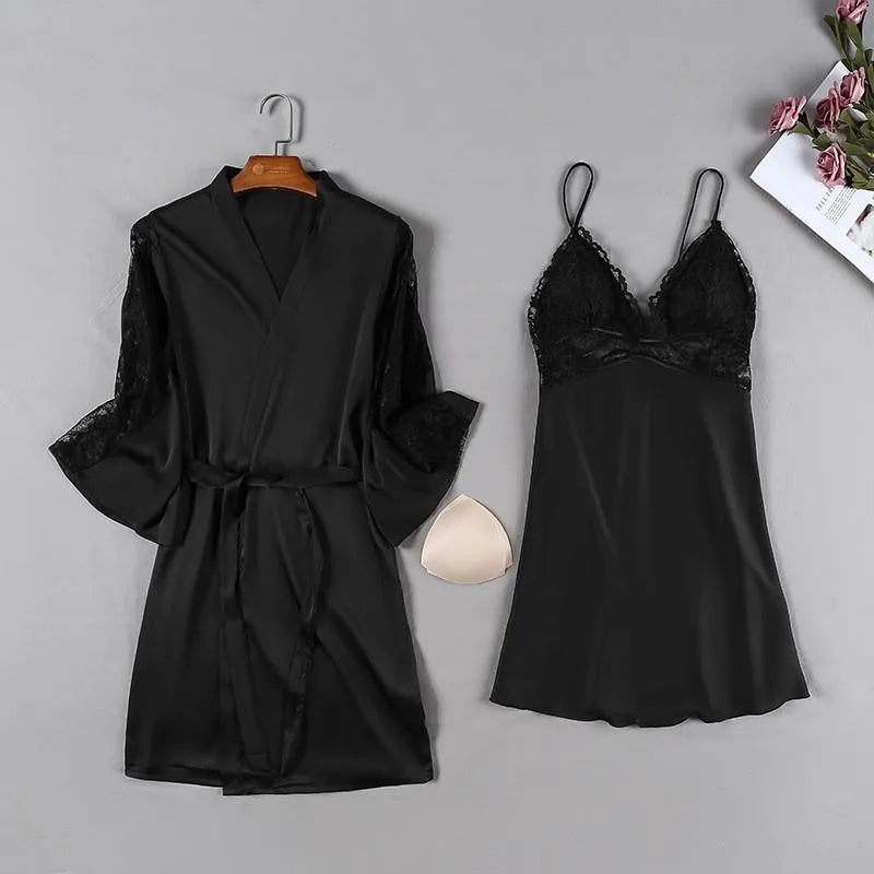 Pink Satin Lace 2 Piece Nightgown & Robe Set, Sexy Sleepwear