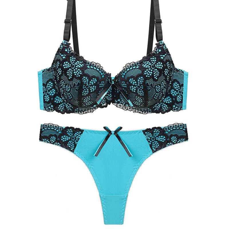 Women's Floral Lace Lingerie Set, Embroidered Push Up Bra & Thong Set
