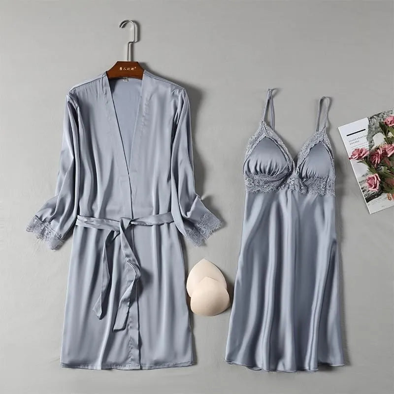 Pink Satin Lace 2 Piece Nightgown & Robe Set, Sexy Sleepwear