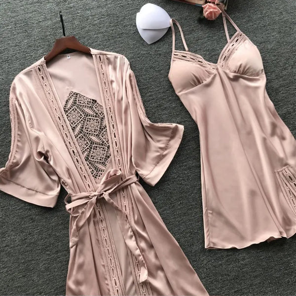 Pink Satin Lace 2 Piece Nightgown & Robe Set, Sexy Sleepwear