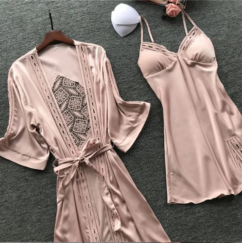 Pink Satin Lace 2 Piece Nightgown & Robe Set, Sexy Sleepwear