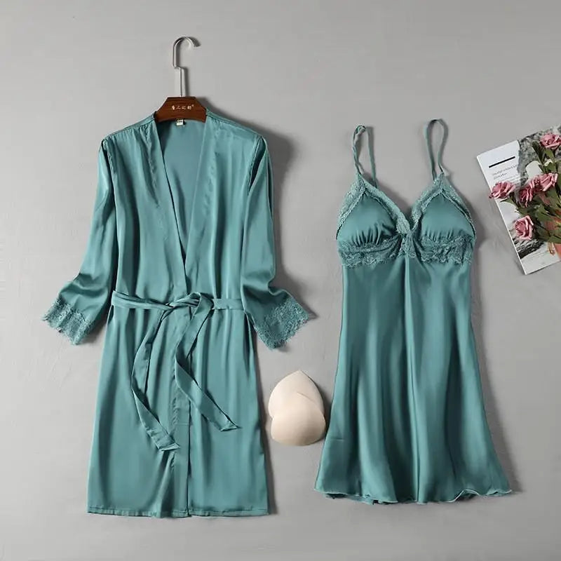 Pink Satin Lace 2 Piece Nightgown & Robe Set, Sexy Sleepwear