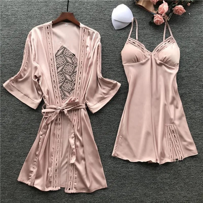 Pink Satin Lace 2 Piece Nightgown & Robe Set, Sexy Sleepwear