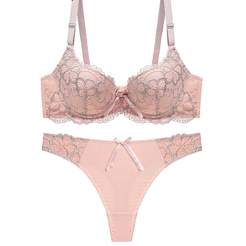 Women's Floral Lace Lingerie Set, Embroidered Push Up Bra & Thong Set