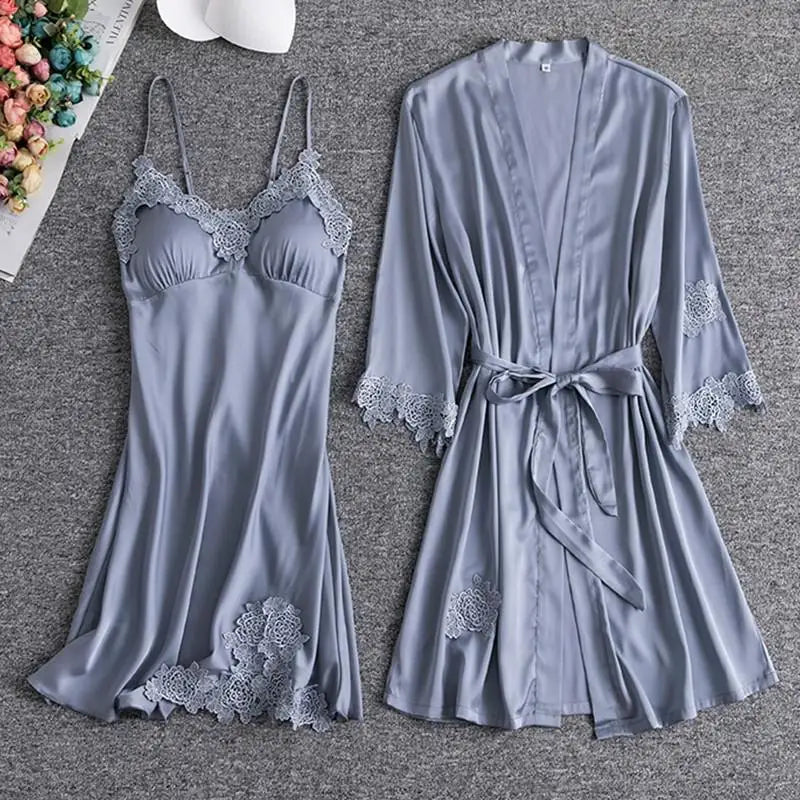 Women's Satin Lace Robe, Bridal Getting Ready Robe, Kimono Bathrobe, Bridesmaid Wedding Robe, Soft Short Loungewear