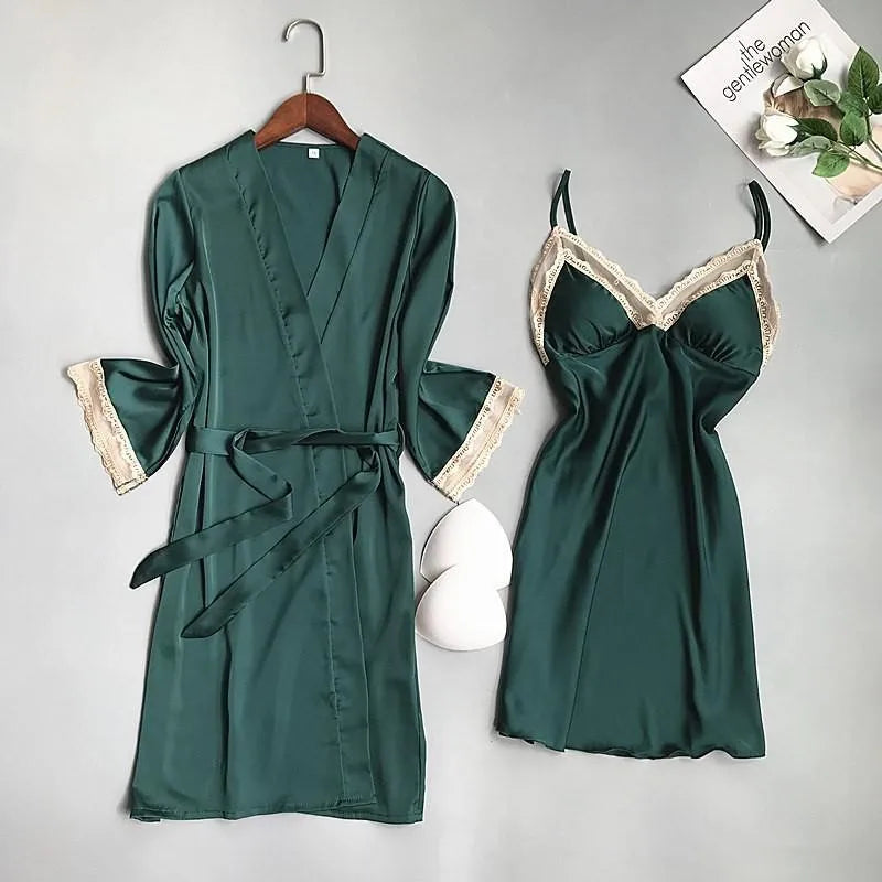 Pink Satin Lace 2 Piece Nightgown & Robe Set, Sexy Sleepwear