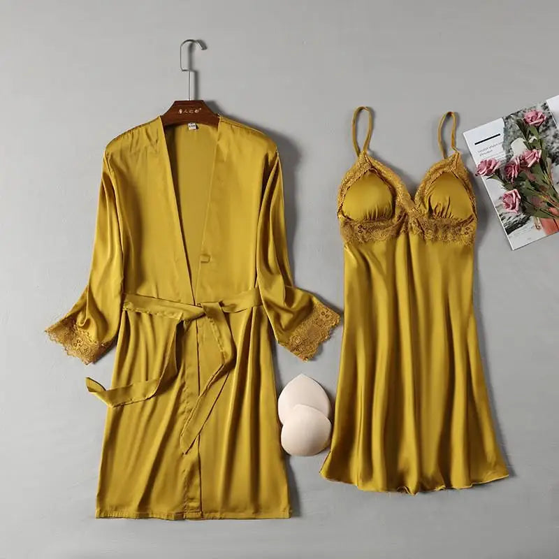 Pink Satin Lace 2 Piece Nightgown & Robe Set, Sexy Sleepwear