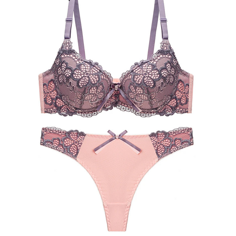 Women's Floral Lace Lingerie Set, Embroidered Push Up Bra & Thong Set