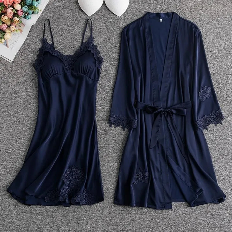 Pink Satin Lace 2 Piece Nightgown & Robe Set, Sexy Sleepwear