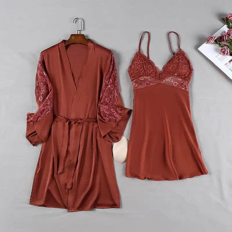 Pink Satin Lace 2 Piece Nightgown & Robe Set, Sexy Sleepwear
