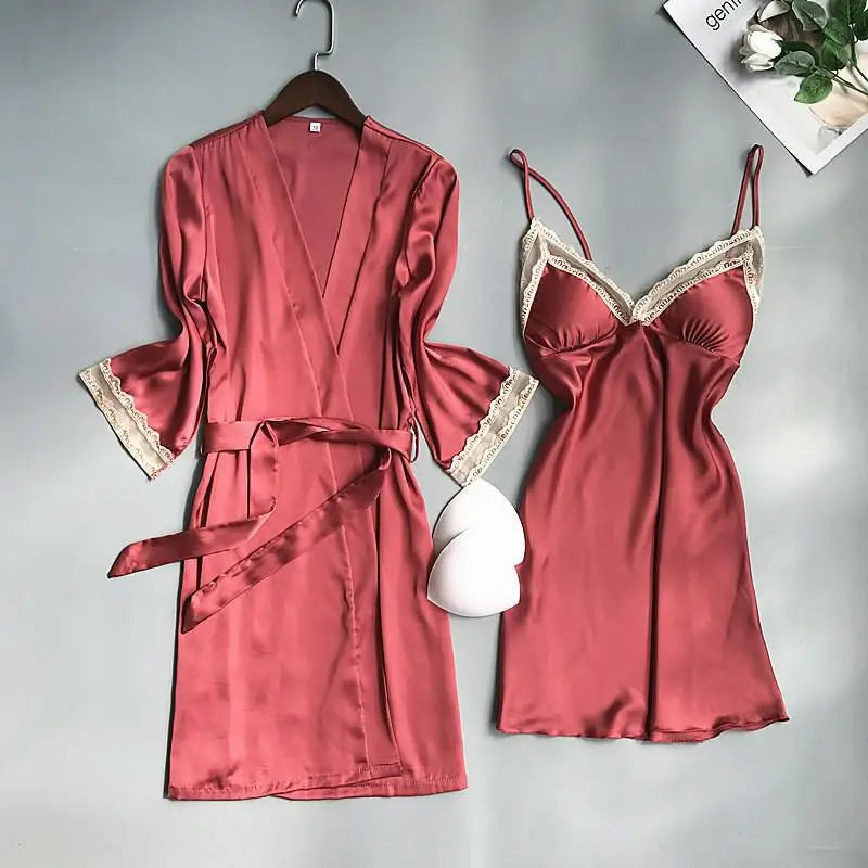 Pink Satin Lace 2 Piece Nightgown & Robe Set, Sexy Sleepwear