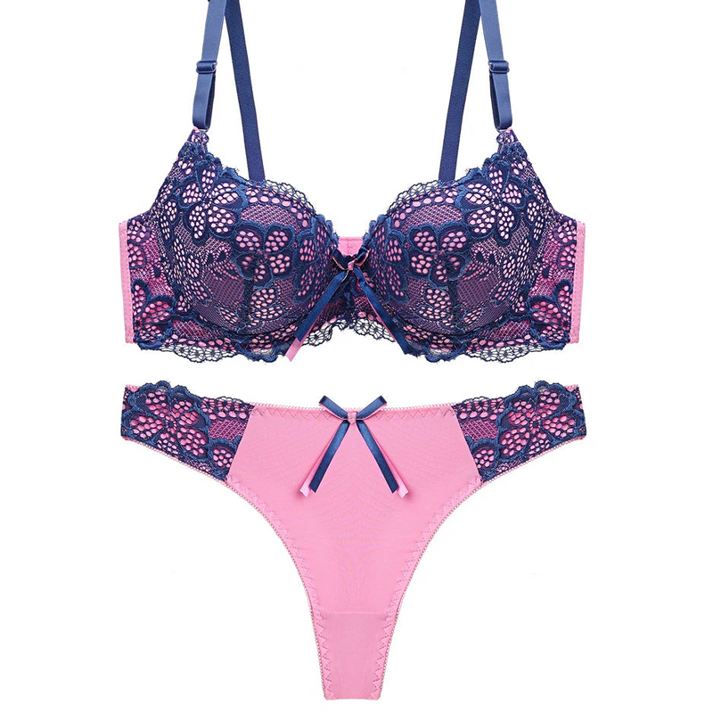 Women's Floral Lace Lingerie Set, Embroidered Push Up Bra & Thong Set