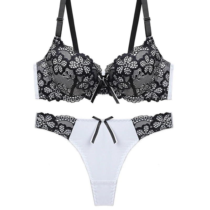 Women's Floral Lace Lingerie Set, Embroidered Push Up Bra & Thong Set