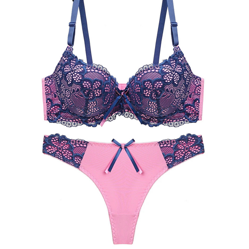 Women's Floral Lace Lingerie Set, Embroidered Push Up Bra & Thong Set