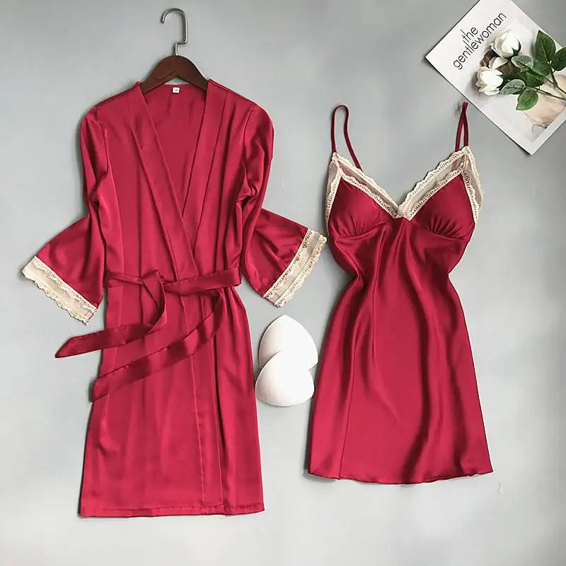 Pink Satin Lace 2 Piece Nightgown & Robe Set, Sexy Sleepwear