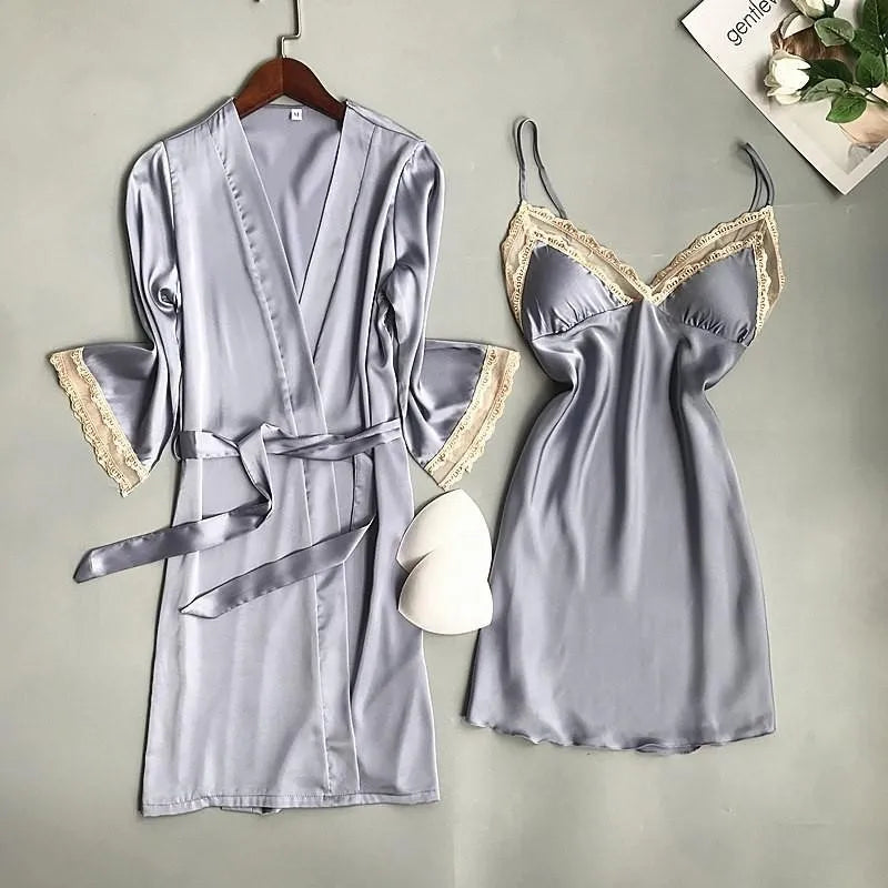 Pink Satin Lace 2 Piece Nightgown & Robe Set, Sexy Sleepwear