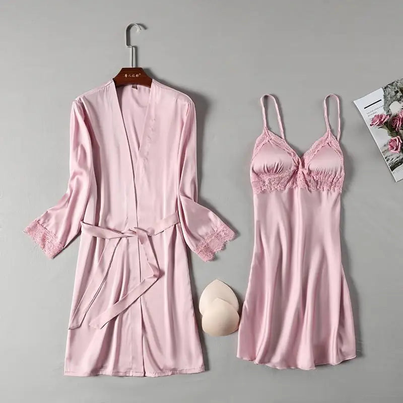 Pink Satin Lace 2 Piece Nightgown & Robe Set, Sexy Sleepwear