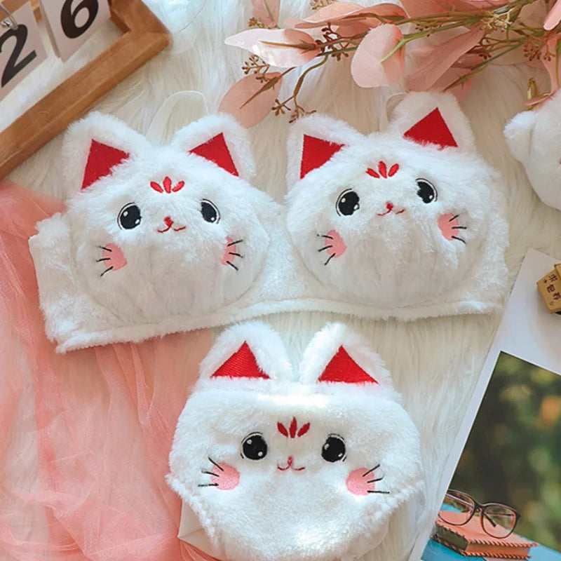Cute Japanese Plush Bra, Push Up Wire Free Warm Winter Bra