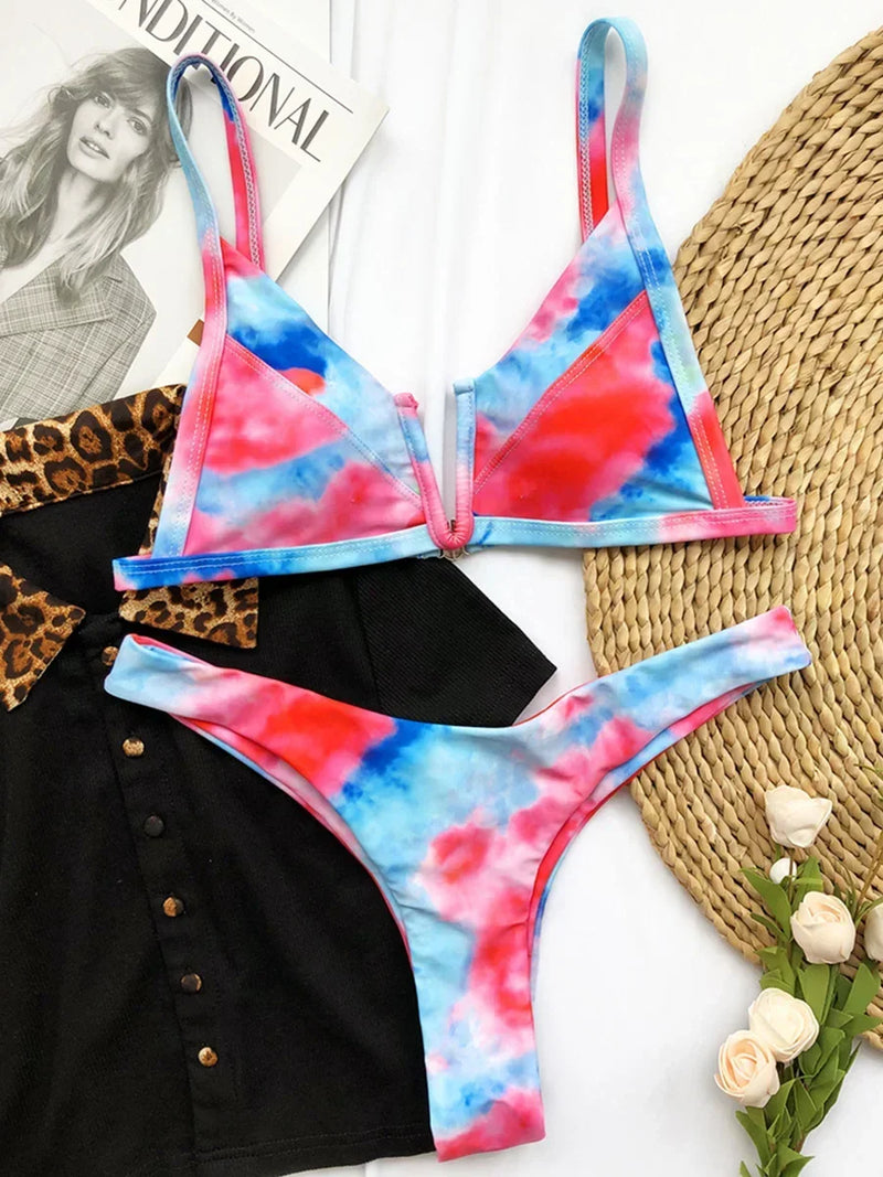 Women's Denim Print Bikini Set, Deep V Two Piece Swimsuit, Low Rise Bathing Suit, Push Up Beach Swimwear