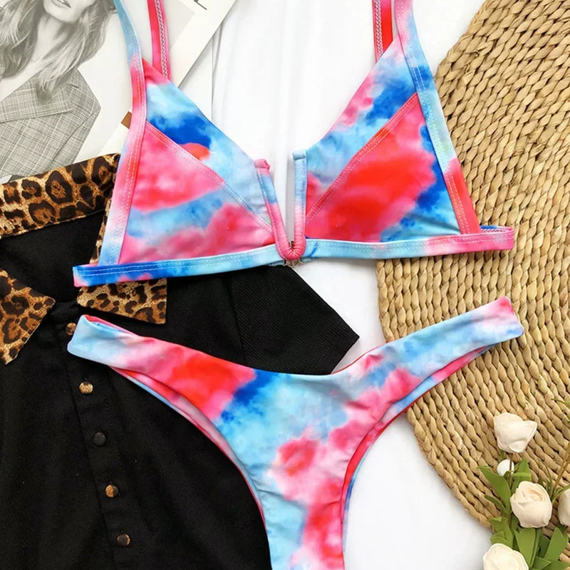 Women's Denim Print Bikini Set, Deep V Two Piece Swimsuit, Low Rise Bathing Suit, Push Up Beach Swimwear