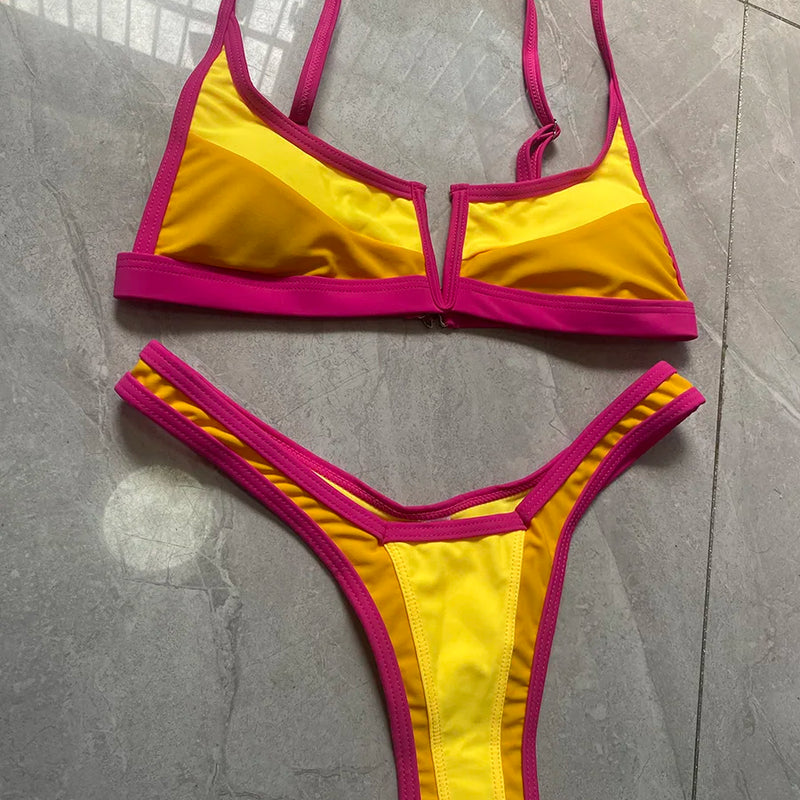 Women's Denim Print Bikini Set, Deep V Two Piece Swimsuit, Low Rise Bathing Suit, Push Up Beach Swimwear