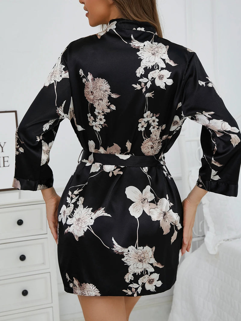 Women's Floral Kimono Robe, Lightweight Tie Waist Bathrobe, Short Summer Robe, V Neck Loungewear, Bridesmaid Robe