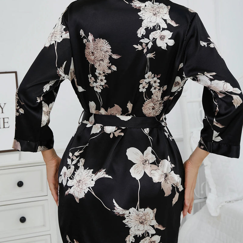 Women's Floral Kimono Robe, Lightweight Tie Waist Bathrobe, Short Summer Robe, V Neck Loungewear, Bridesmaid Robe