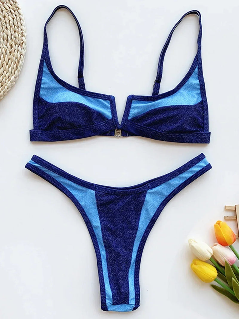 Women's Denim Print Bikini Set, Deep V Two Piece Swimsuit, Low Rise Bathing Suit, Push Up Beach Swimwear