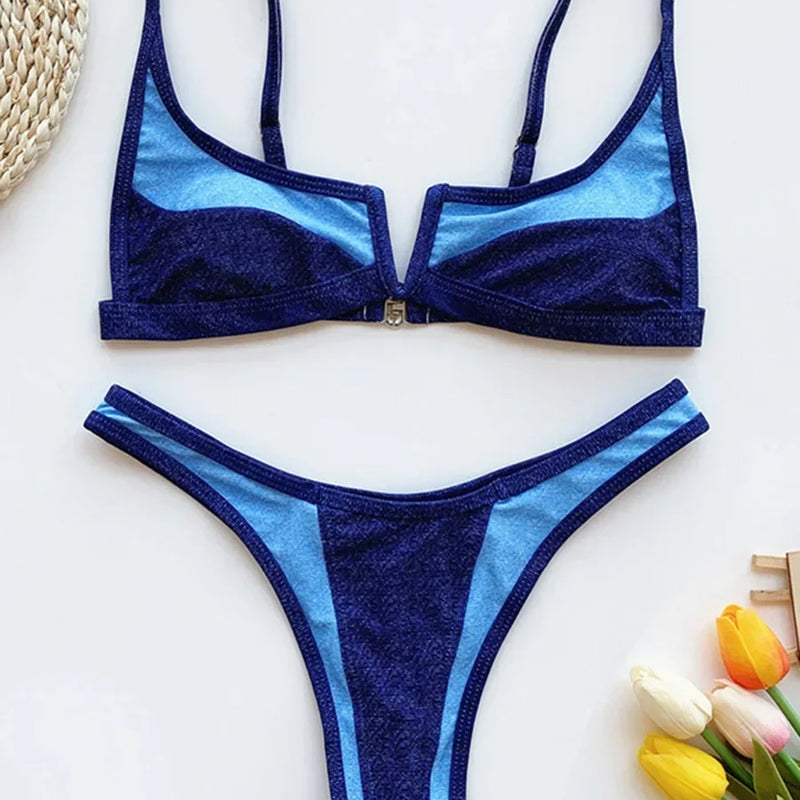 Women's Denim Print Bikini Set, Deep V Two Piece Swimsuit, Low Rise Bathing Suit, Push Up Beach Swimwear