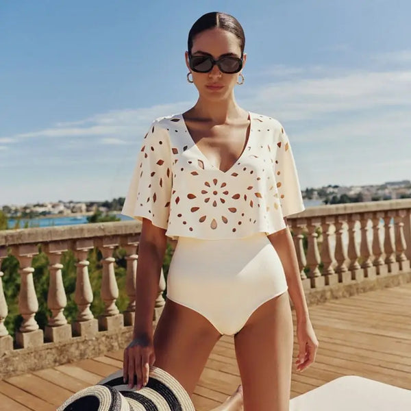 Solid Laser Cut High Waist Deep V Neck Bikini Set, High End Swimwear
