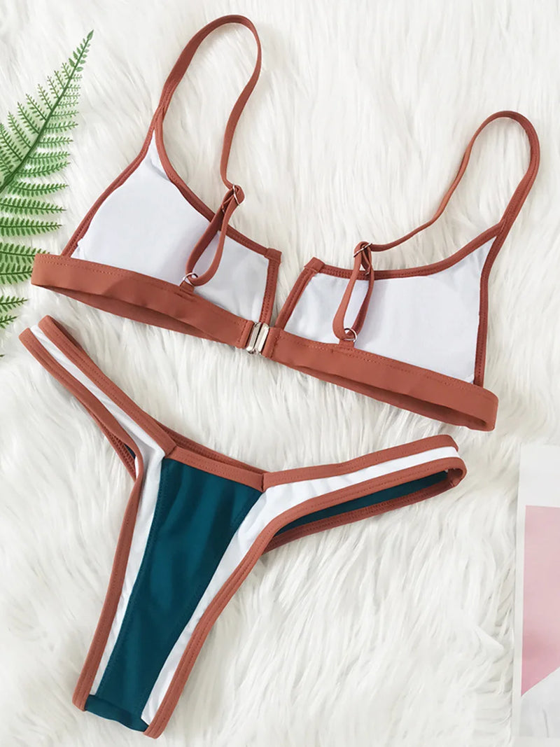 Women's Denim Print Bikini Set, Deep V Two Piece Swimsuit, Low Rise Bathing Suit, Push Up Beach Swimwear