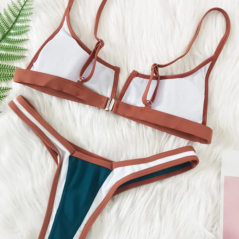 Women's Denim Print Bikini Set, Deep V Two Piece Swimsuit, Low Rise Bathing Suit, Push Up Beach Swimwear