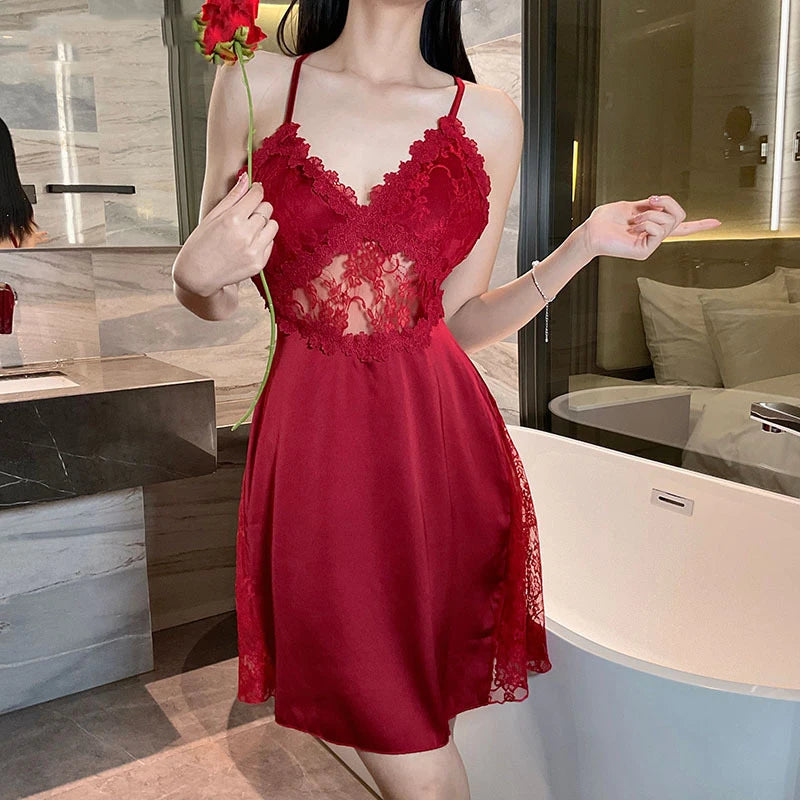 Women's Satin Lace Nightgown, Deep V Backless Chemise, Luxury Sleepwear