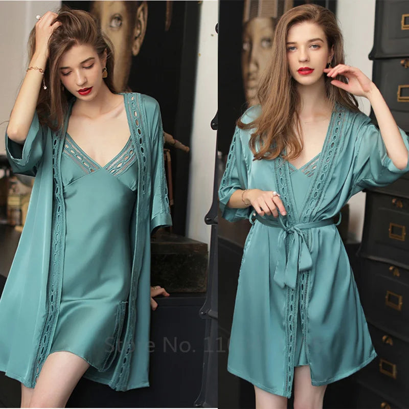 Pink Satin Lace 2 Piece Nightgown & Robe Set, Sexy Sleepwear