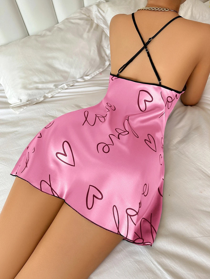 Women's Heart Print Nightgown, Sleeveless Mini Sleep Dress, Soft Summer Nightwear