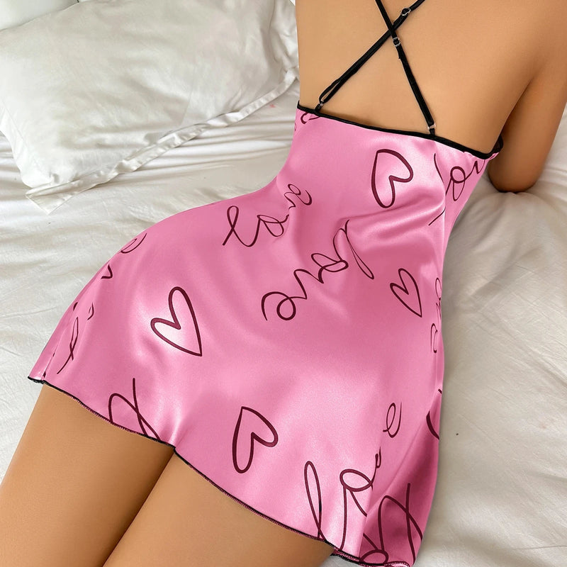 Women's Heart Print Nightgown, Sleeveless Mini Sleep Dress, Soft Summer Nightwear
